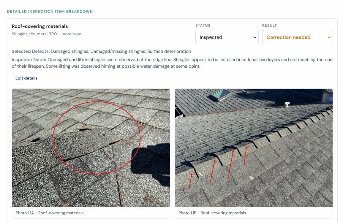 Sample GoGoReport detail page with inspection item findings and attached photo evidence