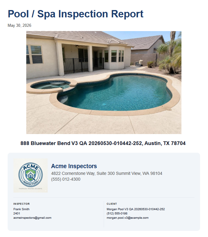 Pool / Spa Inspection sample report evidence screenshot