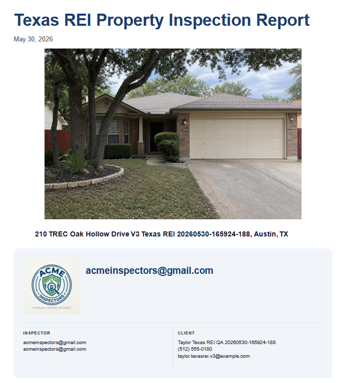 Texas REI sample report evidence screenshot