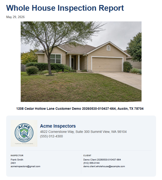 Whole House Inspection sample report evidence screenshot